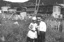 412: Arthur Herbert and Sheila Ennis. Din-Pat Barry's house at the right. (1959) [courtesy of Rita  (Ennis) Clowe]  - Sheila daughter of Vincent Ennis &amp;amp; Mary Carroll; Arthur husband of Elizabeth Ennis
